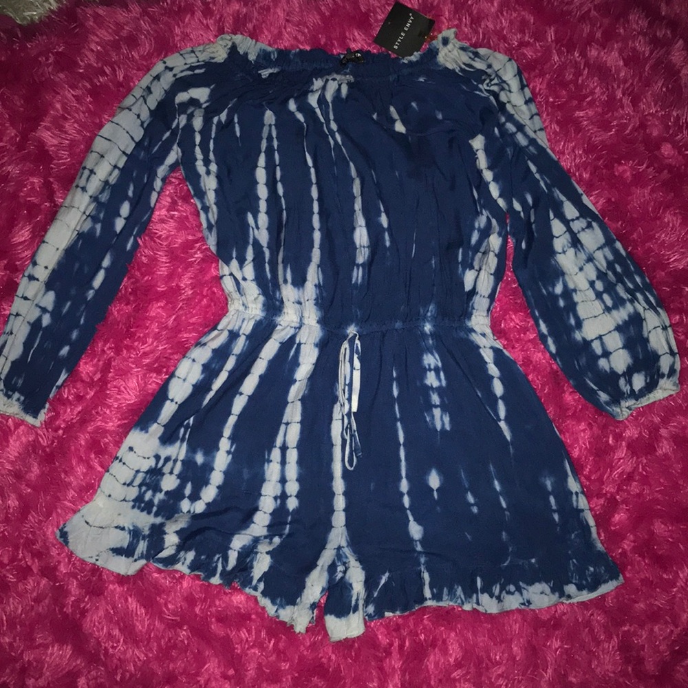 Brand New Long Sleeve Blue/White Tye Dye Romper